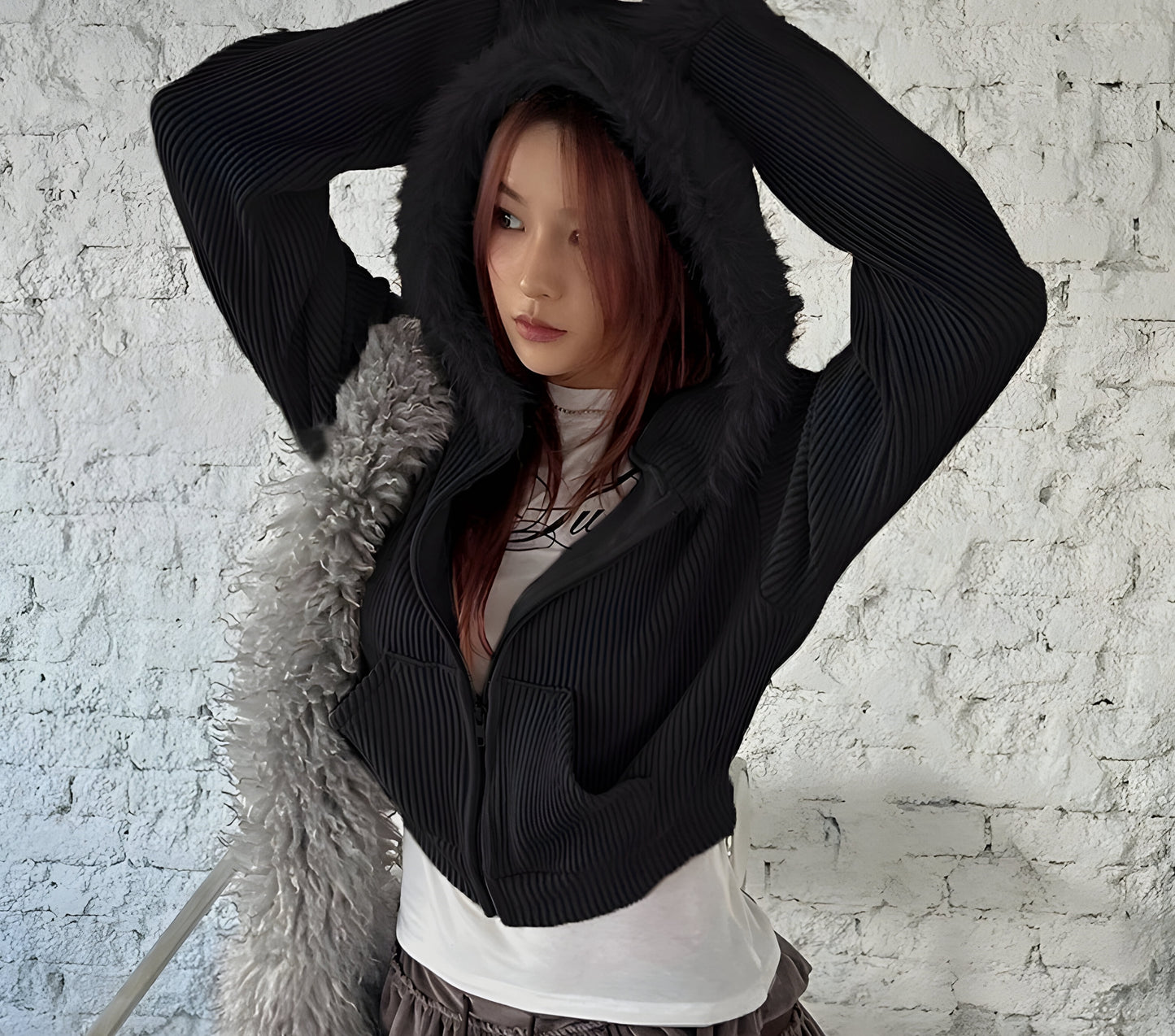 Crop Hoodie Jacket Fur Hood Y2K