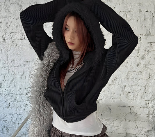 Crop Hoodie Jacket Fur Hood Y2K