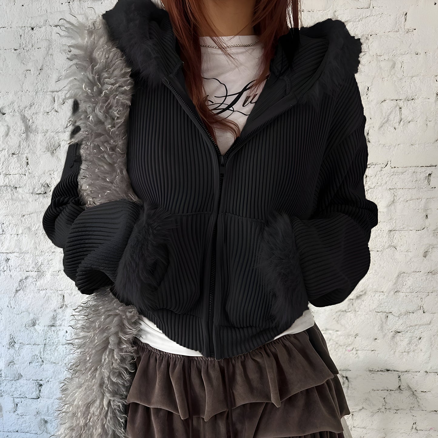 Crop Hoodie Jacket Fur Hood Y2K